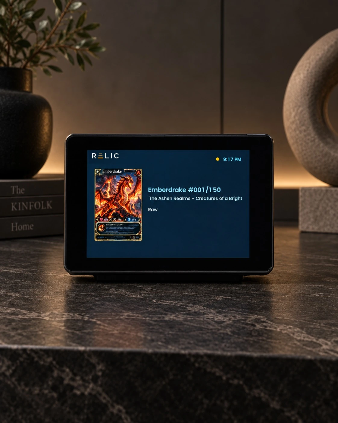 Relic Display prototype on a dark stone surface